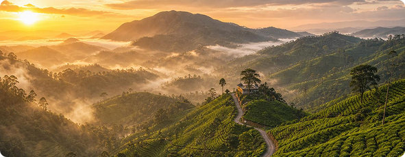 Misty morning tea plantations and mountain sunrise across Sri Lanka highlands